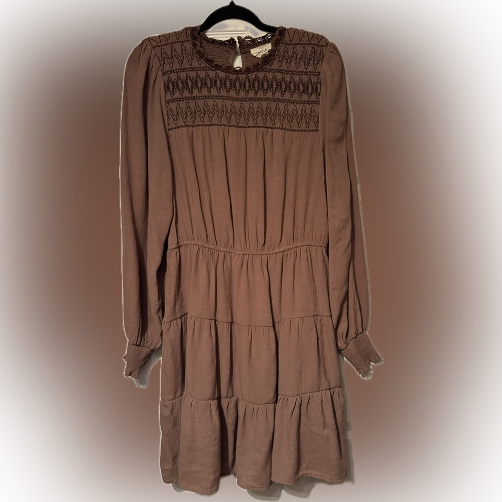 Perch by Blu Pepper Brown Sz XXL Embr Long Sleeve Tiered Ruffle Dress w/ lining